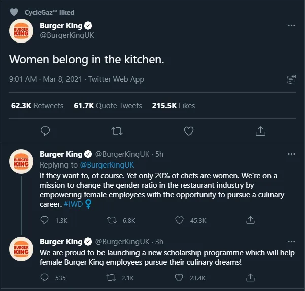 Social media mistakes, Burger King's Women's Day Tweet