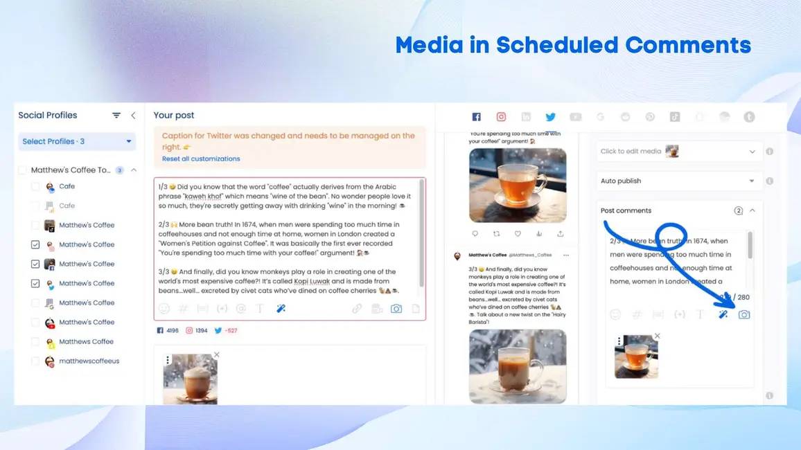 Vista social interface showing how users can now schedule comments with media attached to it.
