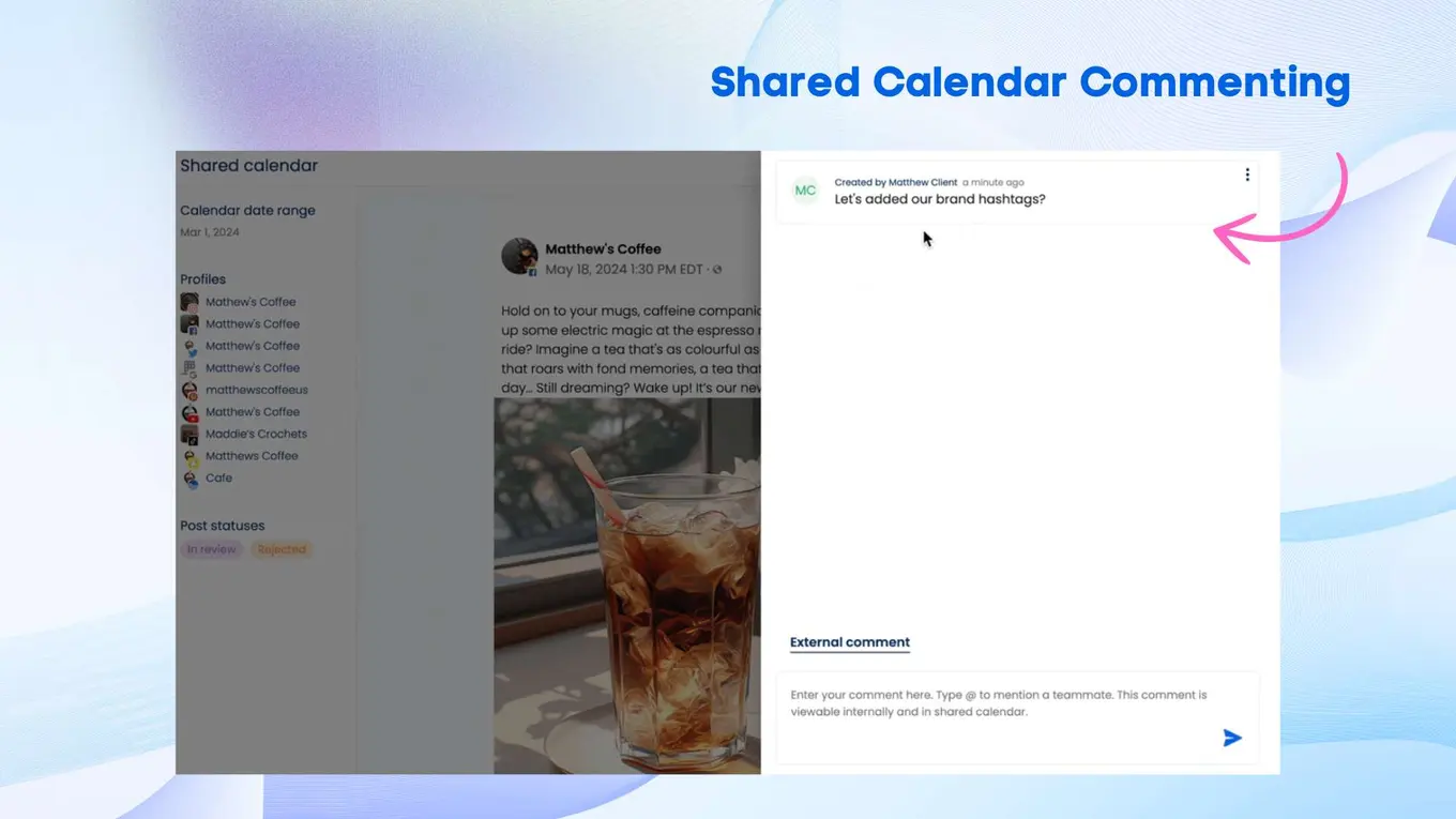Vista social interface showing the shared calendar commenting feature that allows all users to leave their comments on a specific post.