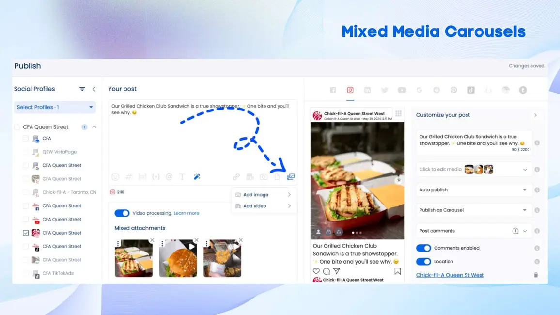 Vista social interface showing how users can now scheduled mixed-media carousels on Instagram through Vista Social.