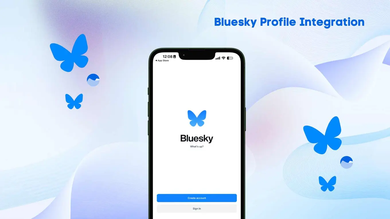 Bluesky profile integration display featuring a smartphone screen with the Bluesky app login page and a prominent blue butterfly logo, set against a soft gradient background.