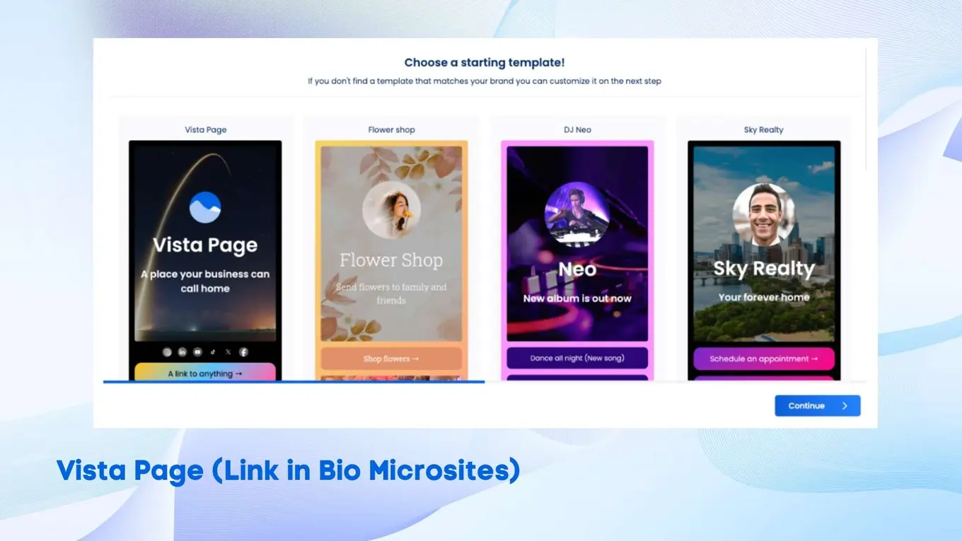 Vista Social interface showing how the user can choose from pre-made microsite templates.