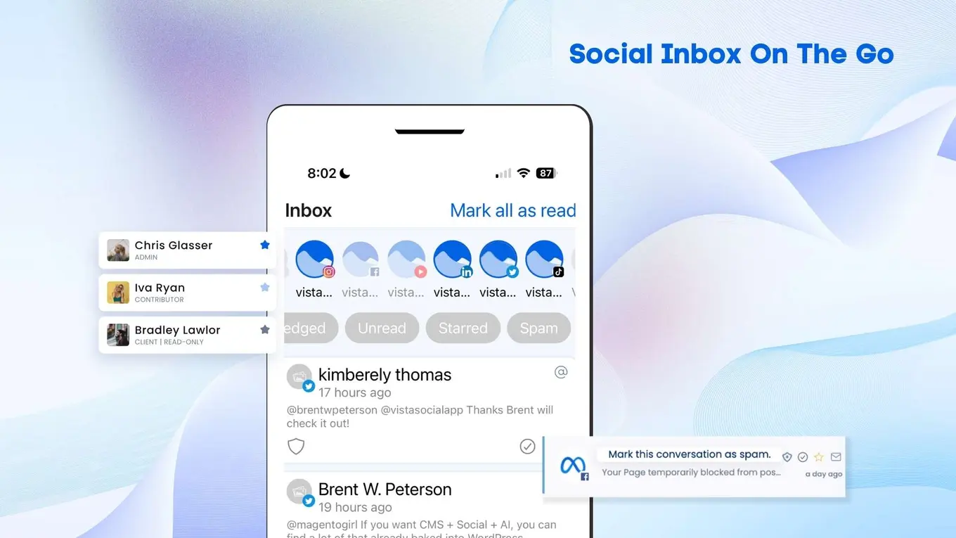 Vista Social interface of the mobile application, where the user can reply to all inboxes while on the go.