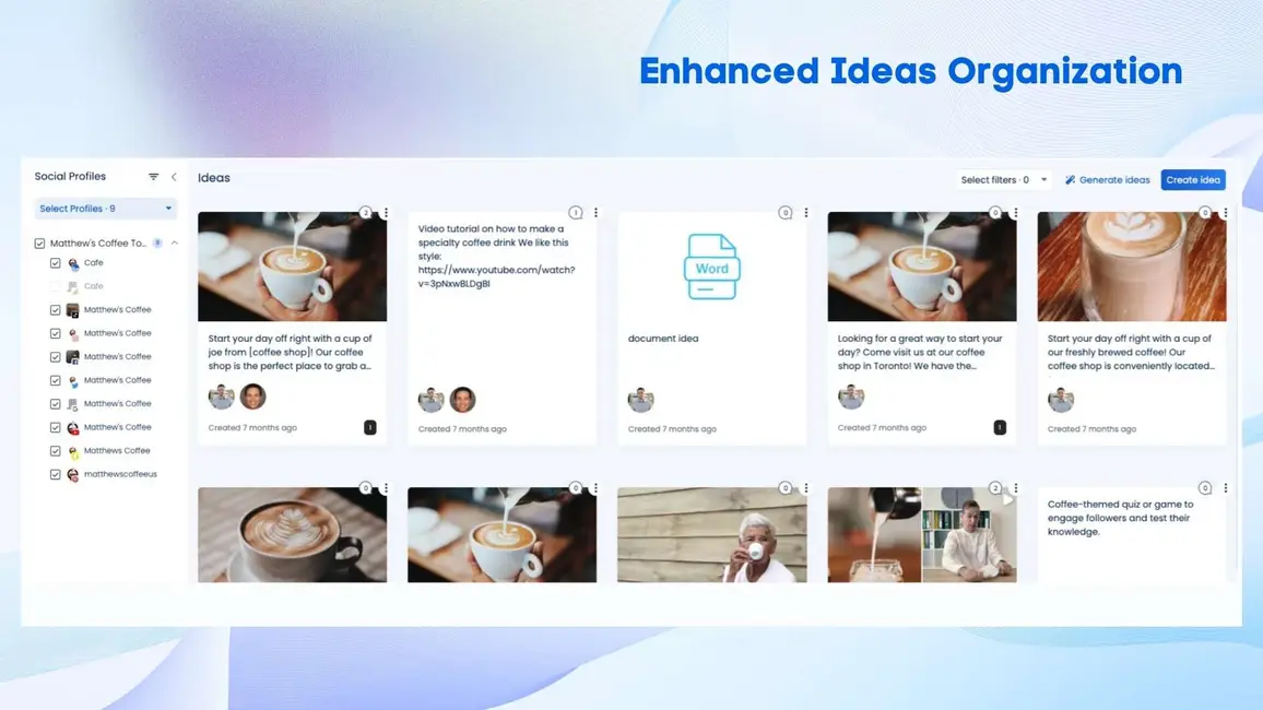 Vista social interface showcasing the enhanced ideas organization feature, where users can filter, label, and track ideas across their profiles.