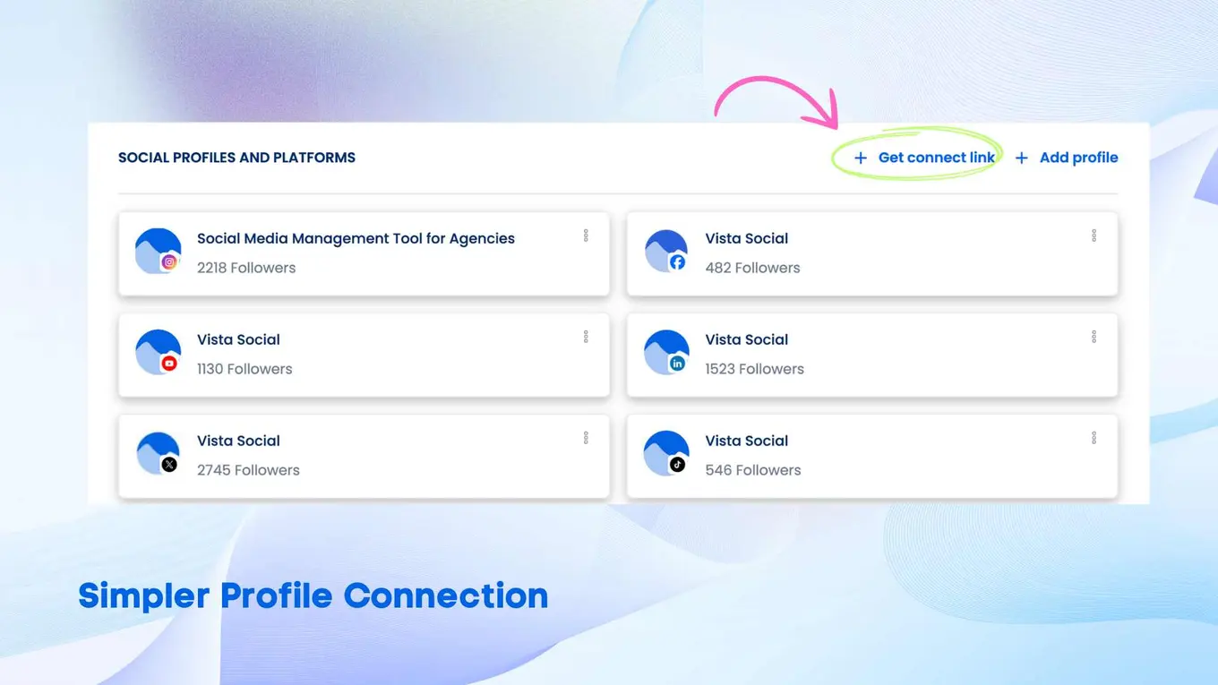 Vista Social interface showcasing social profiles and platforms with follower counts for Instagram, YouTube, Facebook, LinkedIn, and TikTok. A highlighted 'Get connect link' button simplifies adding new profiles.