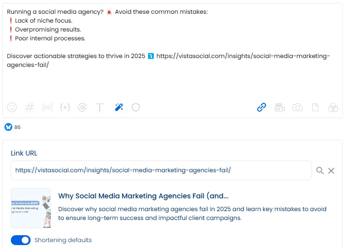 Vista Social dashboard showcasing the in-app link shortener.