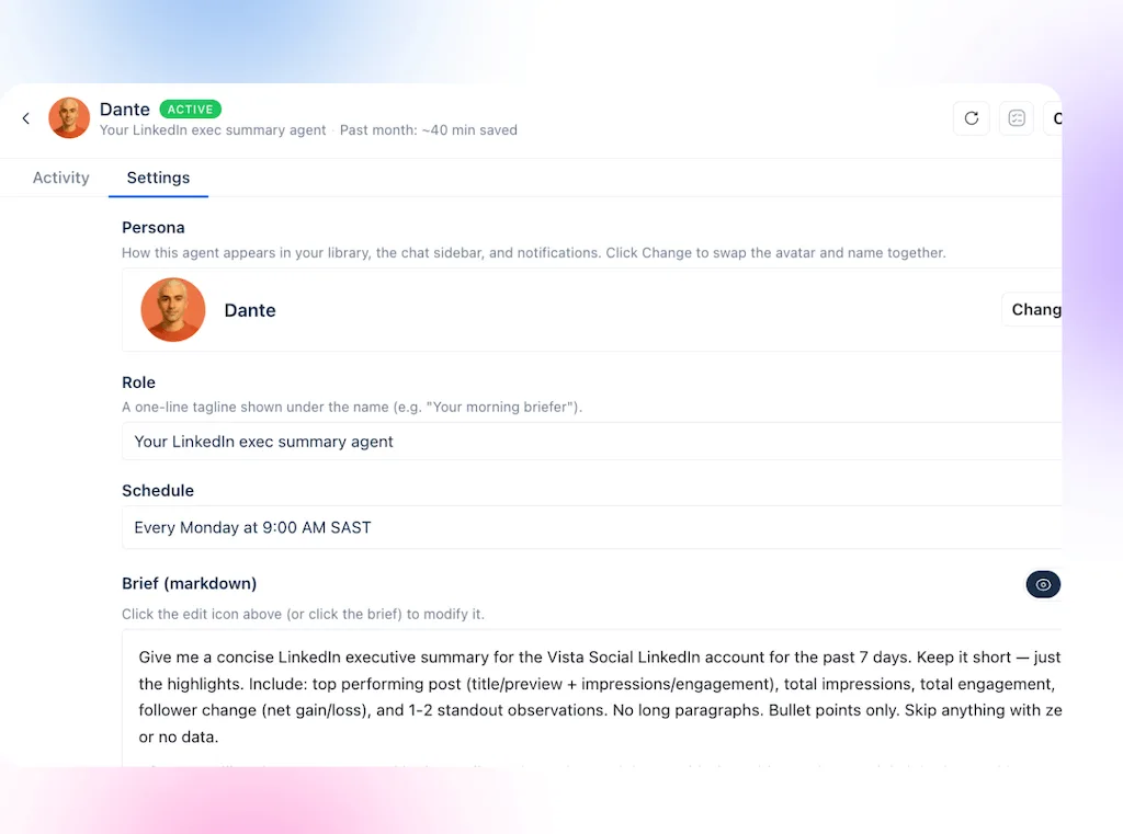 The settings configuration screen for Dante, an AI agent scheduled to deliver weekly LinkedIn executive summaries.