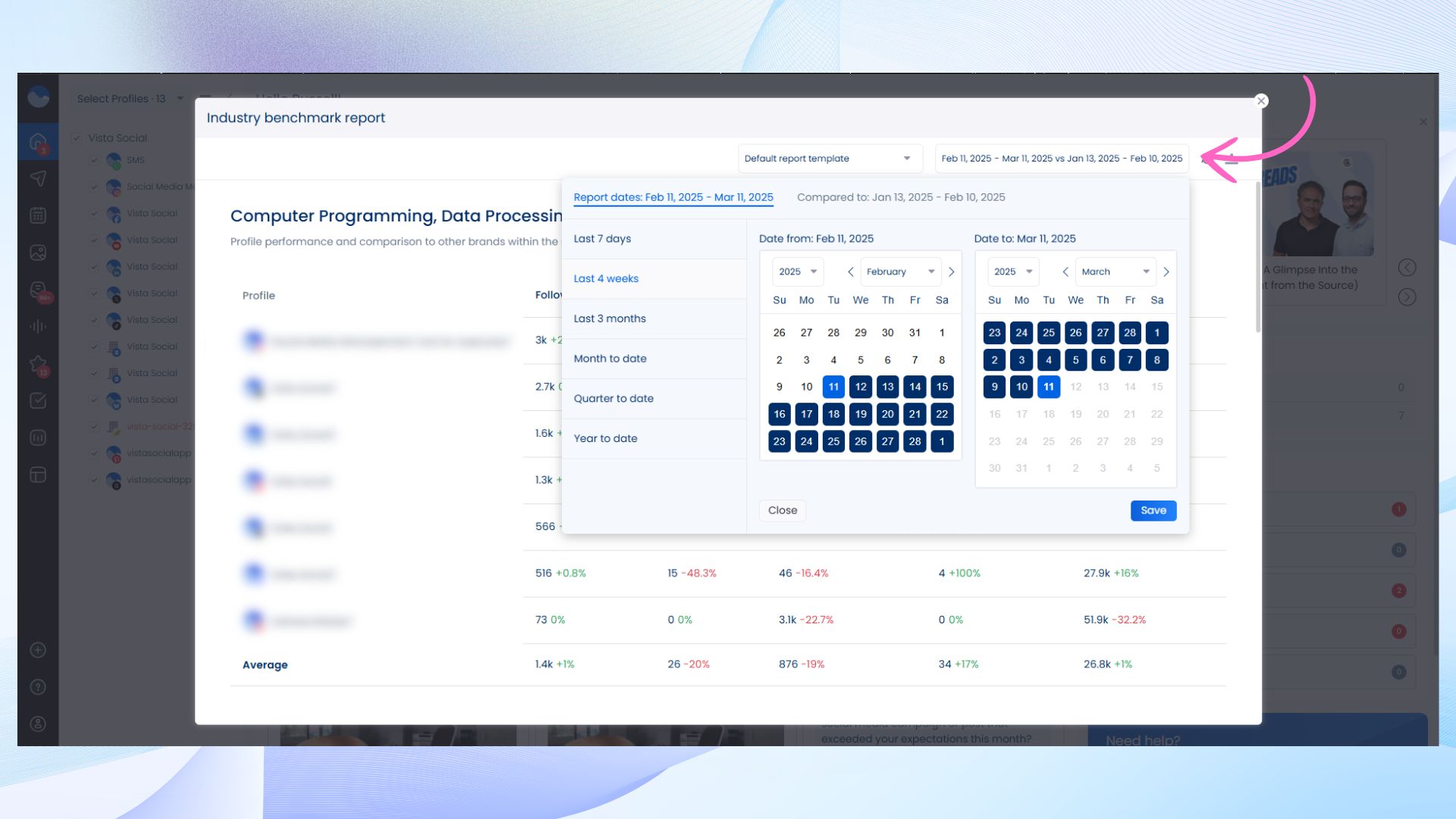 Change report periods in Vista Social to generate accurate Social Media Industry Benchmark Reports.
