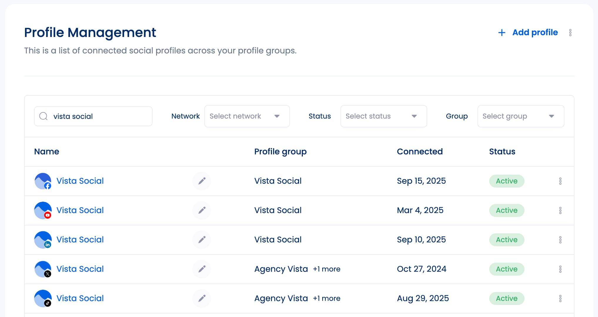A screenshot of Vista Social's profile management dashboard.