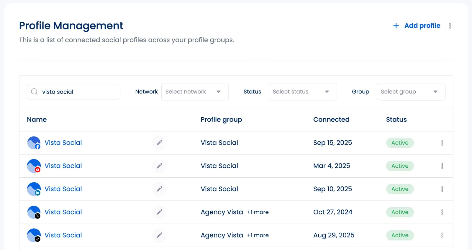 A screenshot of Vista Social's profile management dashboard.