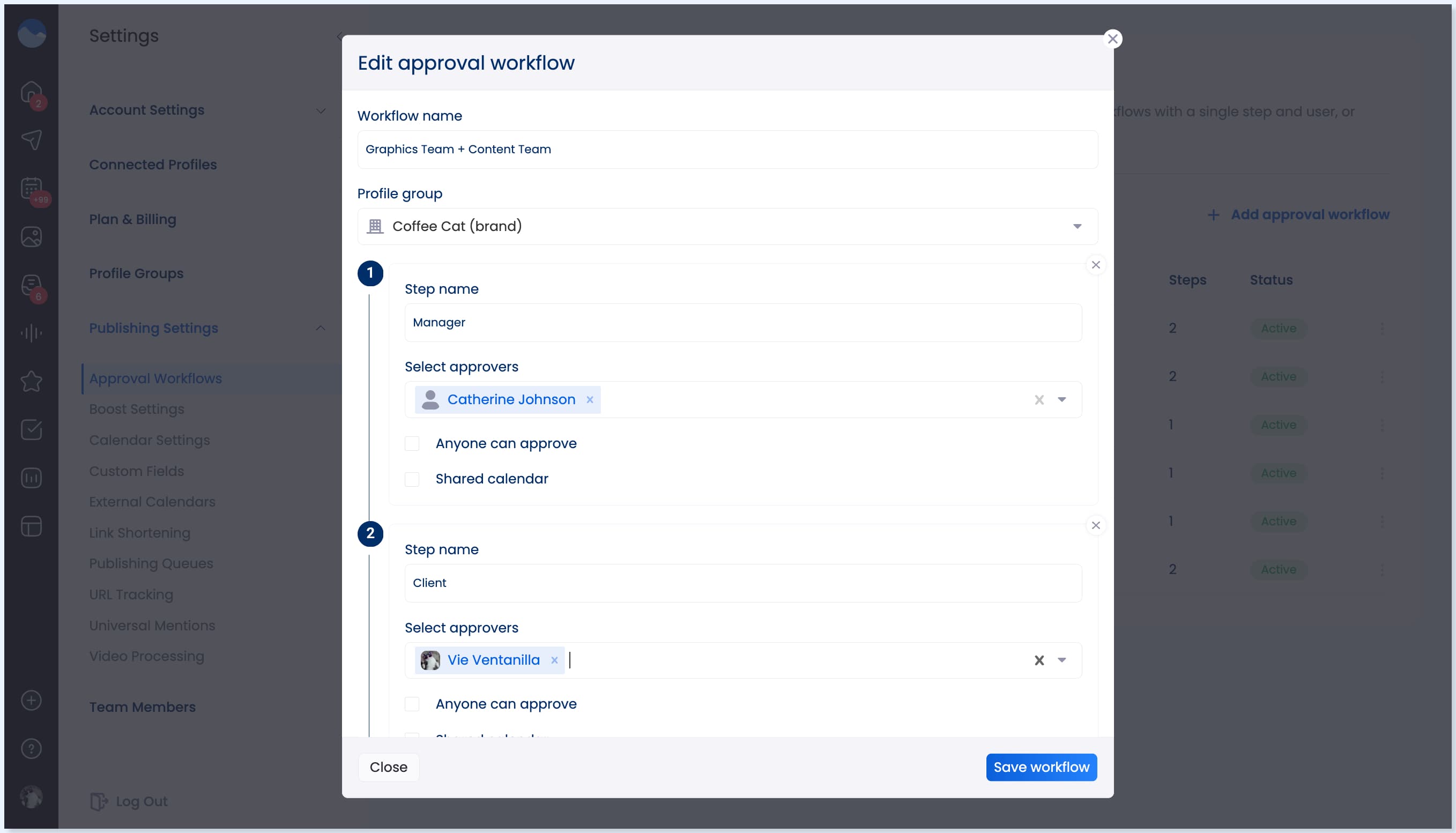 A screenshot showing how to create a client approval workflow in Vista Social.