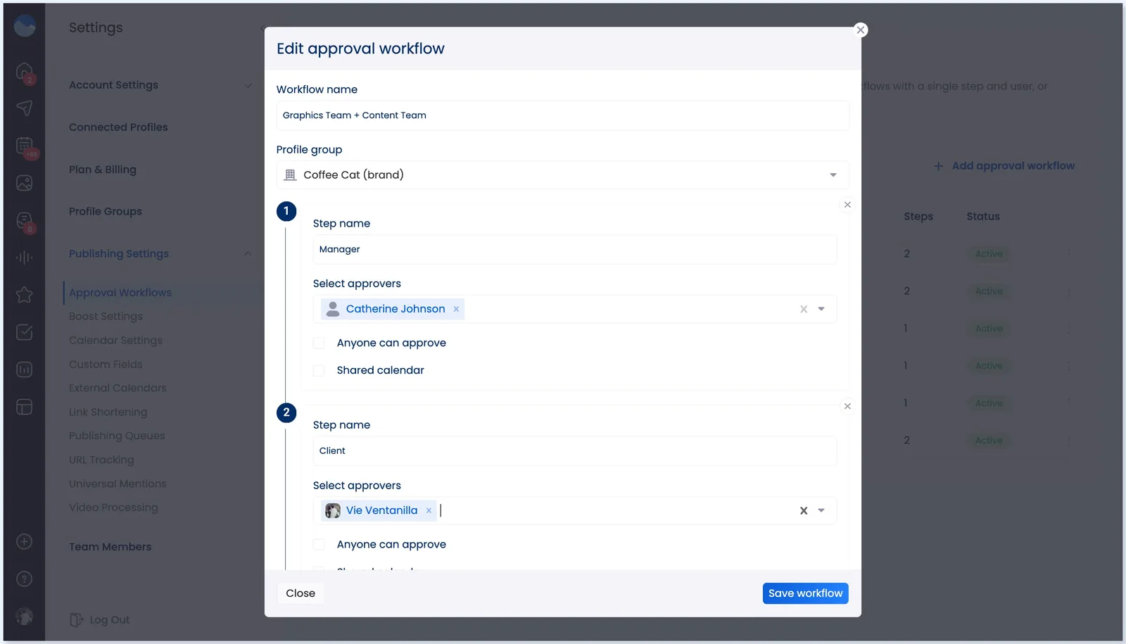 A screenshot showing how to create a client approval workflow in Vista Social.