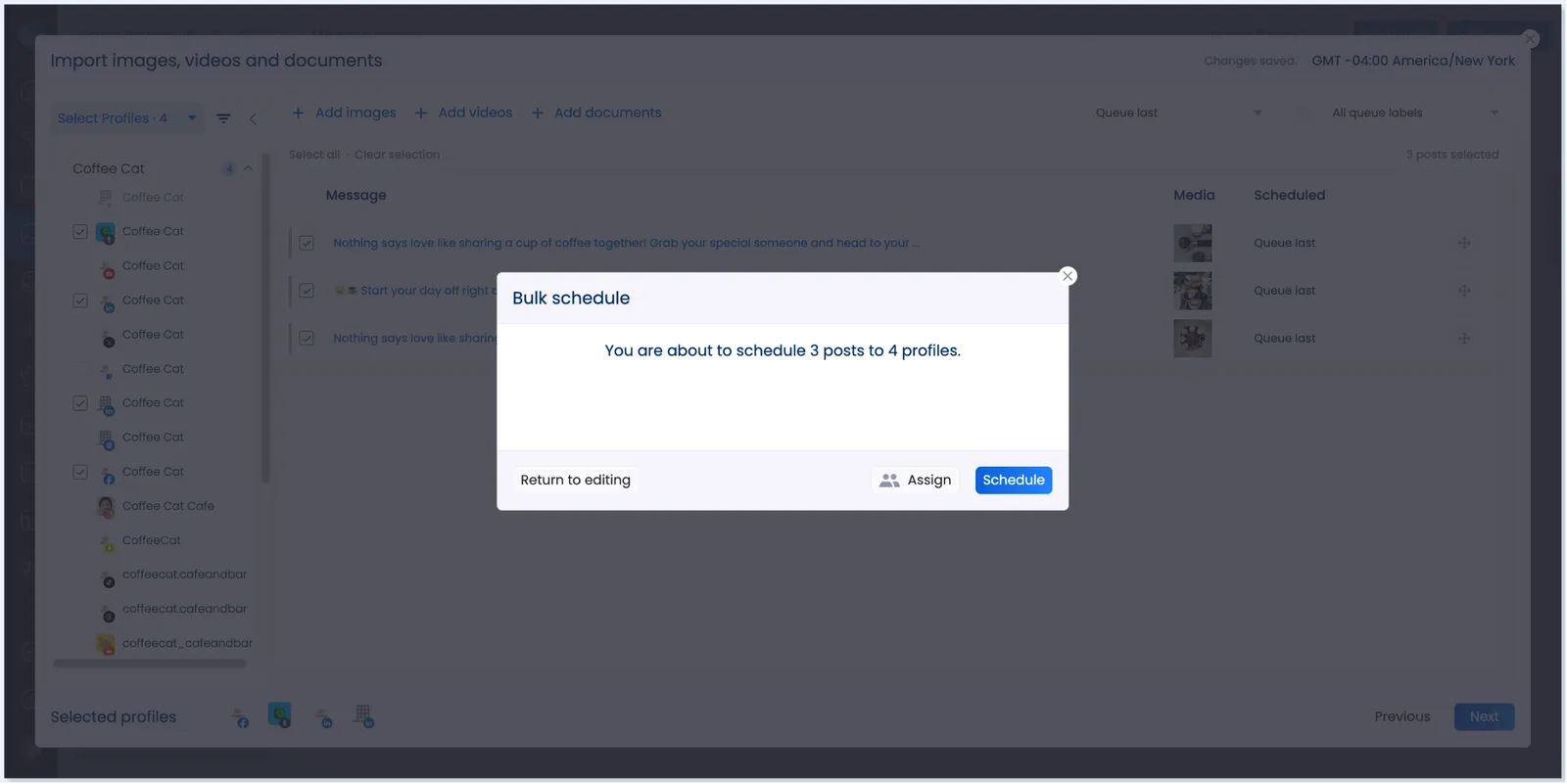 A screenshot showcasing bulk scheduling messages in Vista Social.