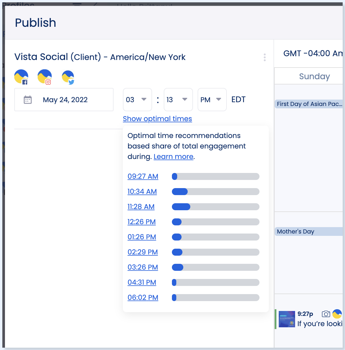 A screenshot showcasing optimal publishing times in Vista Social.