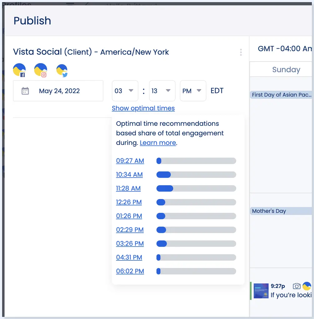 A screenshot showcasing optimal publishing times in Vista Social.