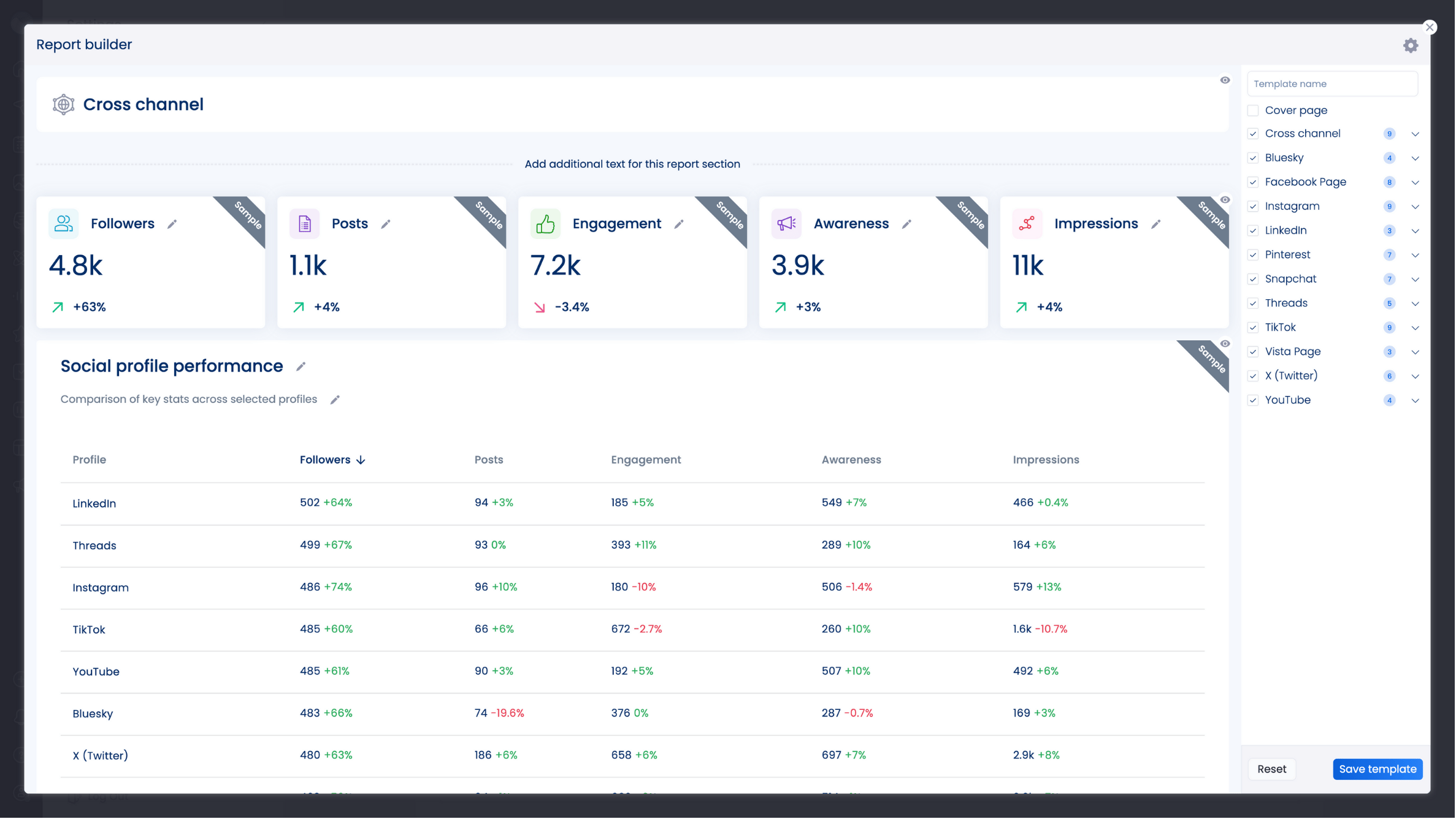 A screenshot of Vista Social's custom report builder.
