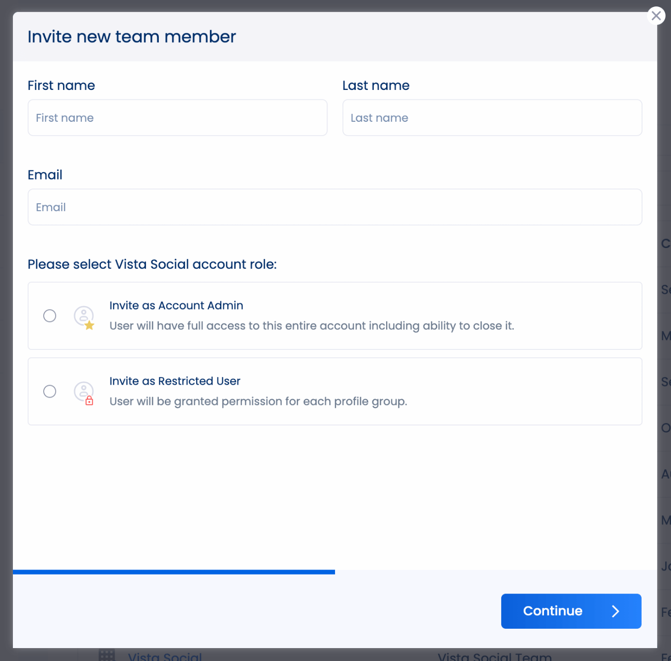 A screenshot showing how to add a new team member in Vista Social.