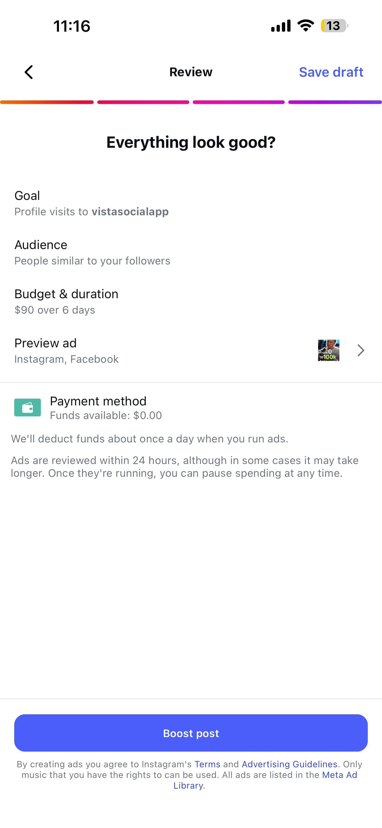 A screenshot of the "Review" step of boosting an Instagram Reel in the Instagram app.