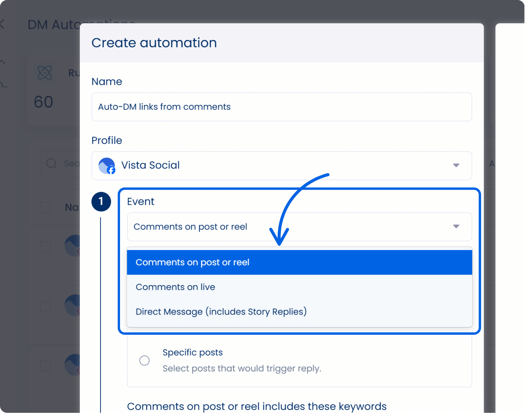 A screenshot of the section in Vista Social where you set your DM automation trigger.
