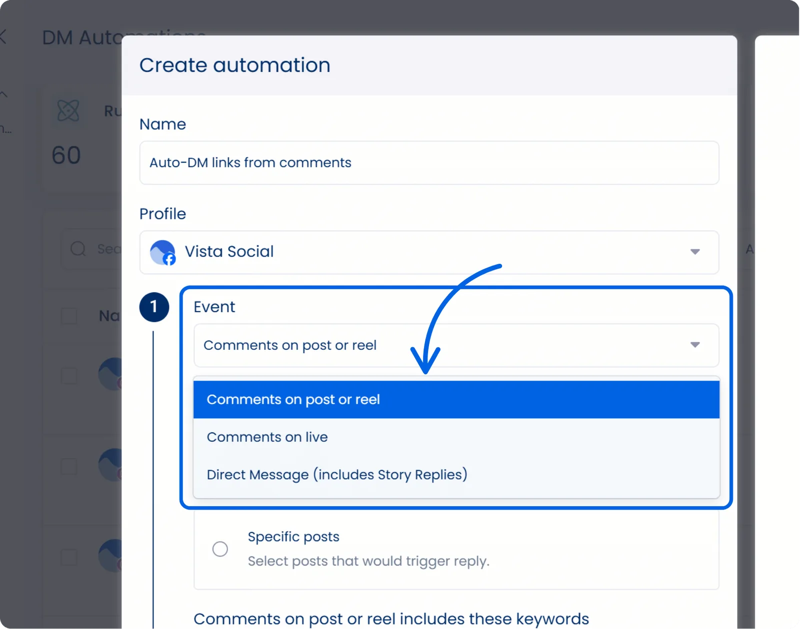 A screenshot of the section in Vista Social where you set your DM automation trigger.