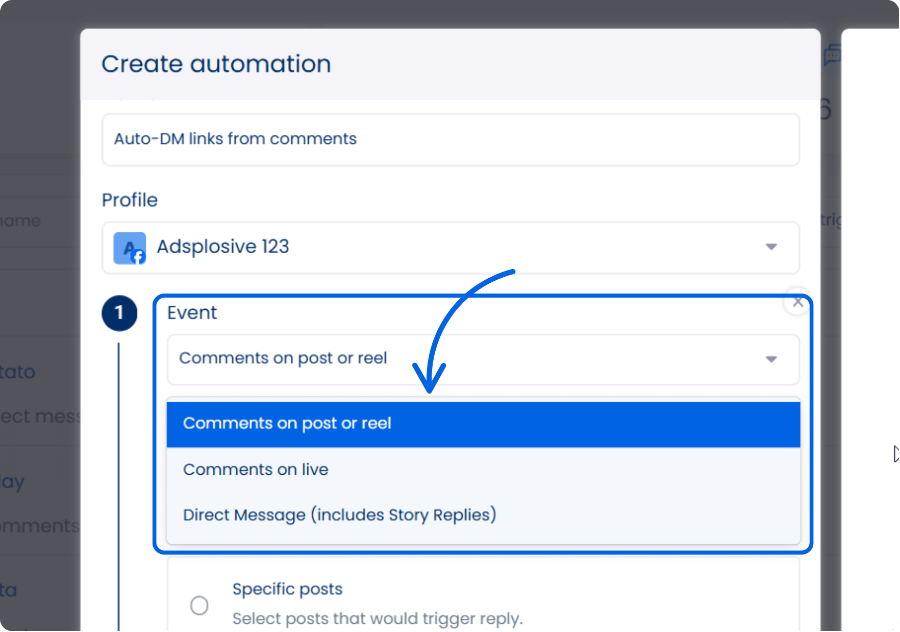 A screenshot of the section in Vista Social where you set your DM automation trigger.