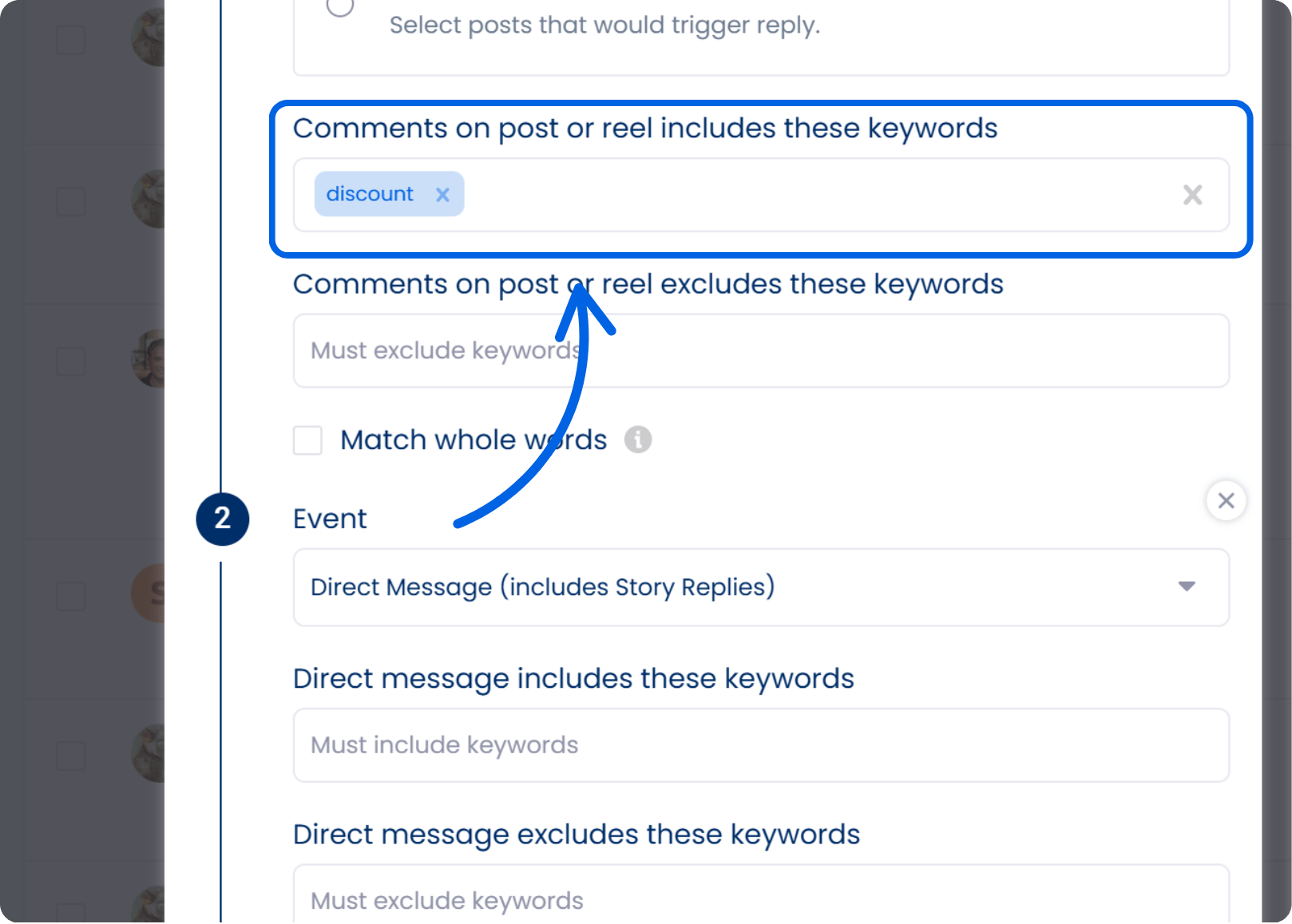 A screenshot from Vista Social sharing how to set your trigger keyword for DM automations.