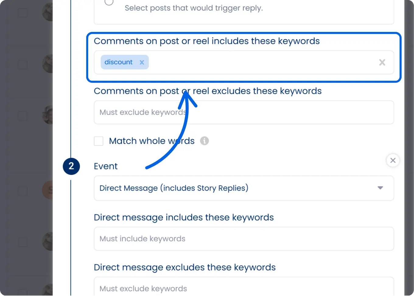 A screenshot from Vista Social sharing how to set your trigger keyword for DM automations.