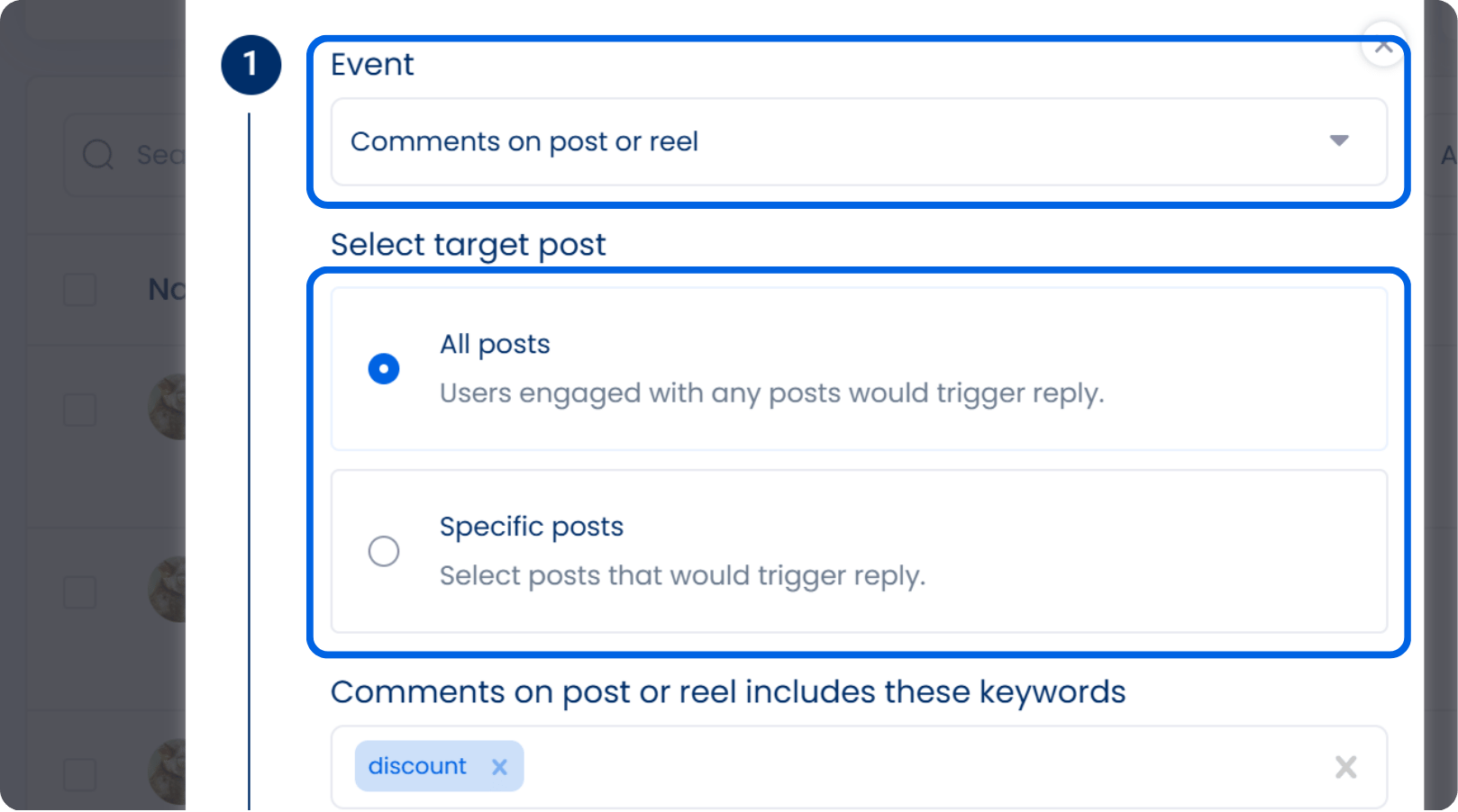 A screenshot from Vista Social showcasing how to create your triggered event for DM automations.