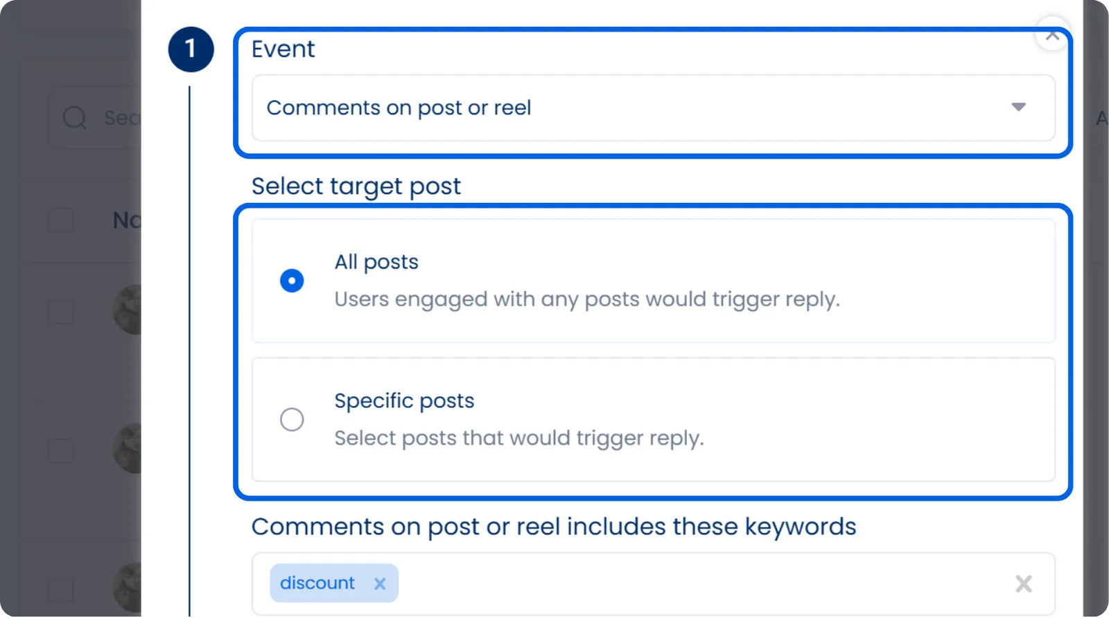 A screenshot from Vista Social showcasing how to create your triggered event for DM automations.