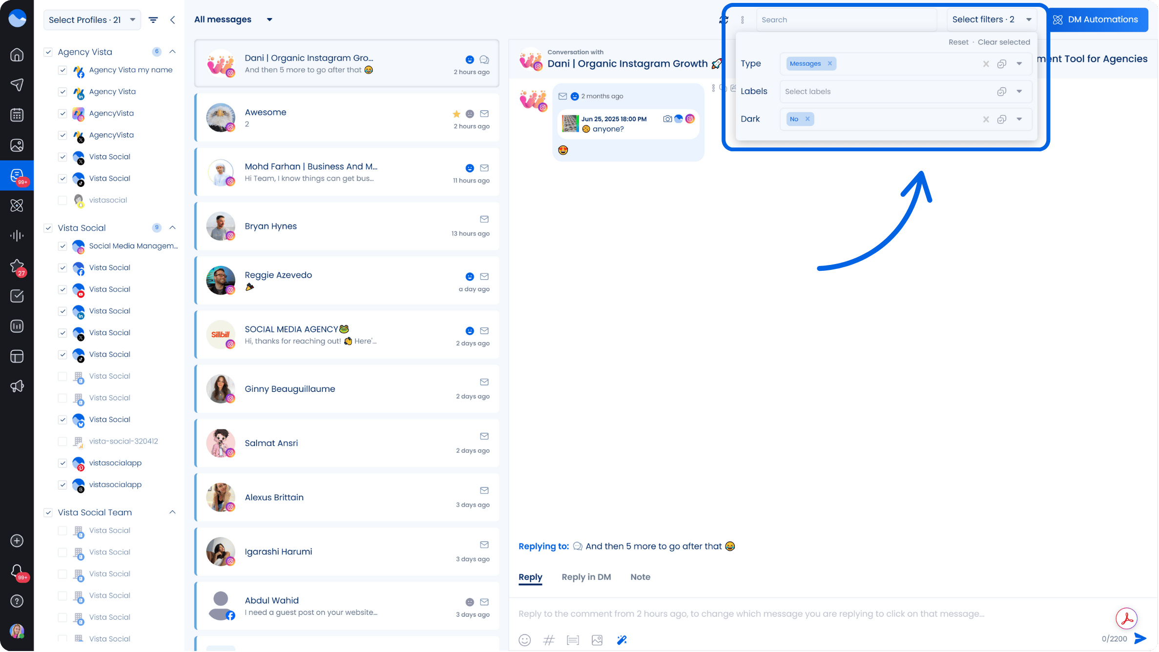 A screenshot from Vista Social showcasing how to use filters in the Social Inbox to see specific types of messages or responses.