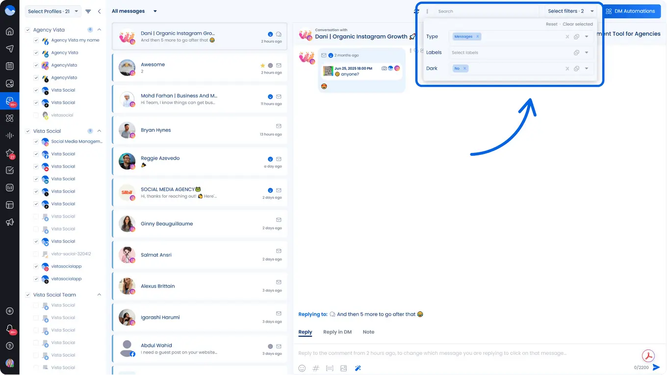 A screenshot from Vista Social showcasing how to use filters in the Social Inbox to see specific types of messages or responses.