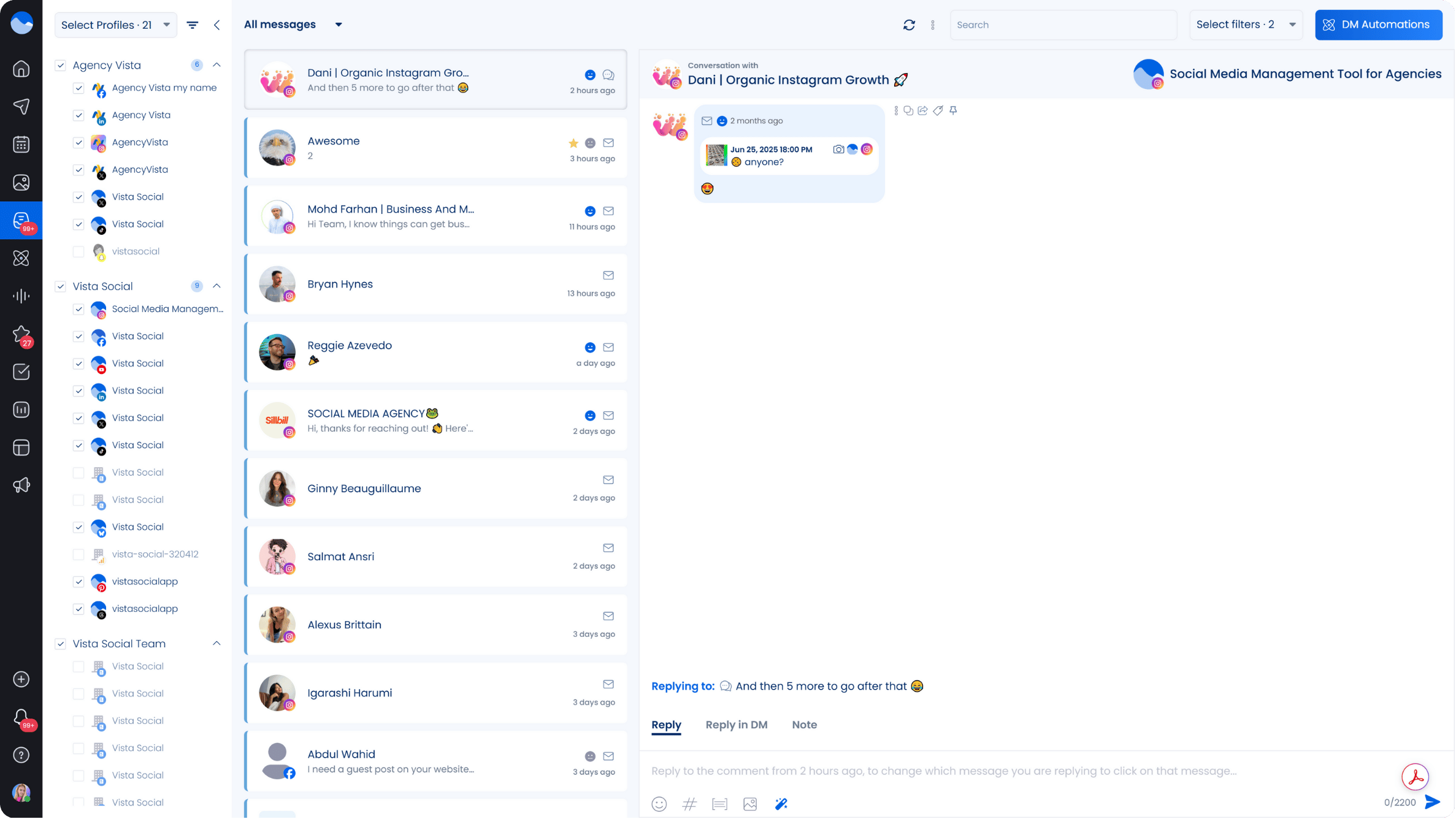 A screenshot of Vista Social's Social Inbox feature where users can manage DM automations.