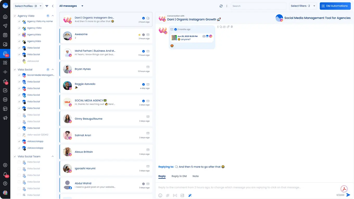 A screenshot of Vista Social's Social Inbox feature where users can manage DM automations.