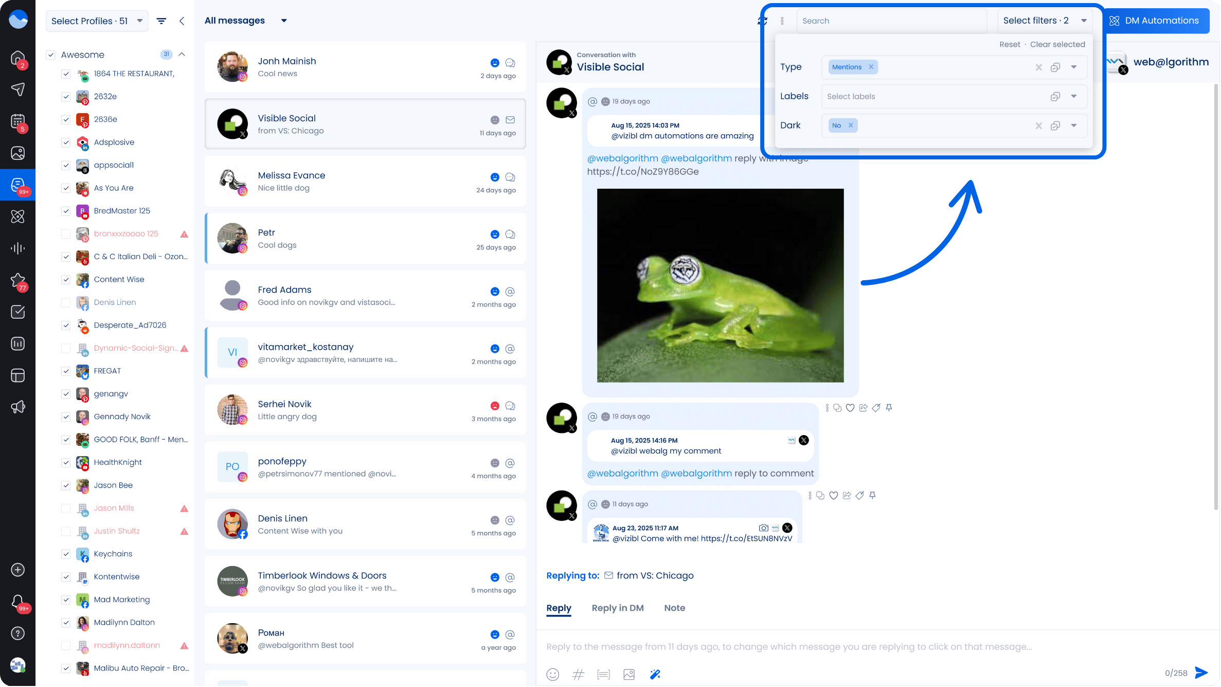 A screenshot from Vista Social showcasing how to use filters in the Social Inbox to see specific types of messages or responses.