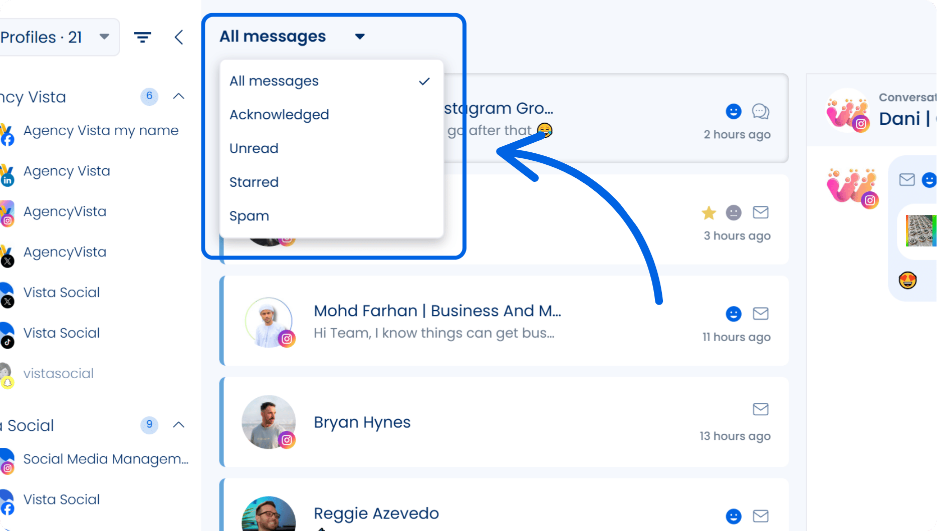 A screenshot from Vista Social showcasing even more settings to find exactly the messages you're looking for.