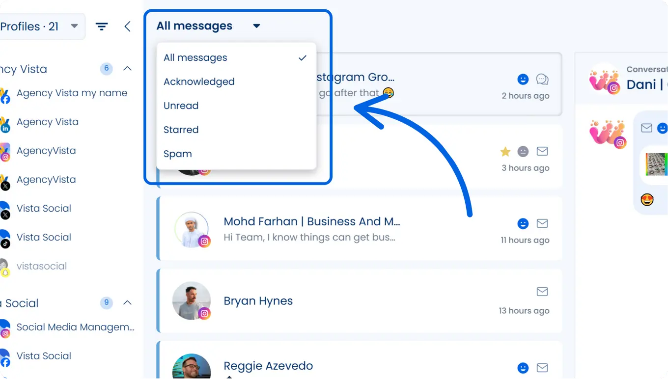 A screenshot from Vista Social showcasing even more settings to find exactly the messages you're looking for.