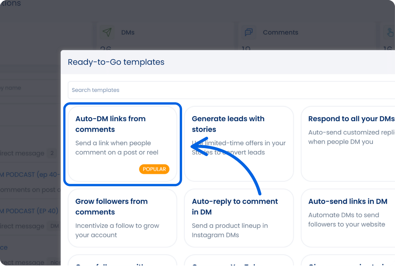 A screenshot from Vista Social showcasing our ready-made DM automation template options that users can choose from, with "Auto-DM links from comments" highlighted.