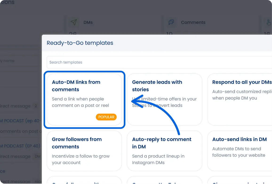 A screenshot from Vista Social showcasing our ready-made DM automation template options that users can choose from, with "Auto-DM links from comments" highlighted.