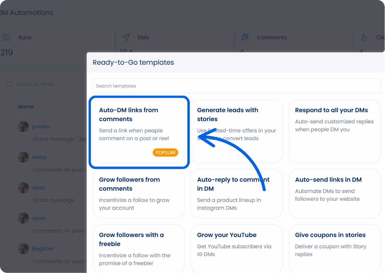 A screenshot from Vista Social showcasing our ready-made DM automation template options that users can choose from, with "Auto-DM links from comments" highlighted.