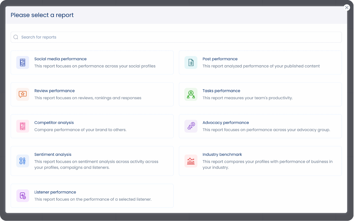A screenshot showcasing the various reports available in Vista Social.