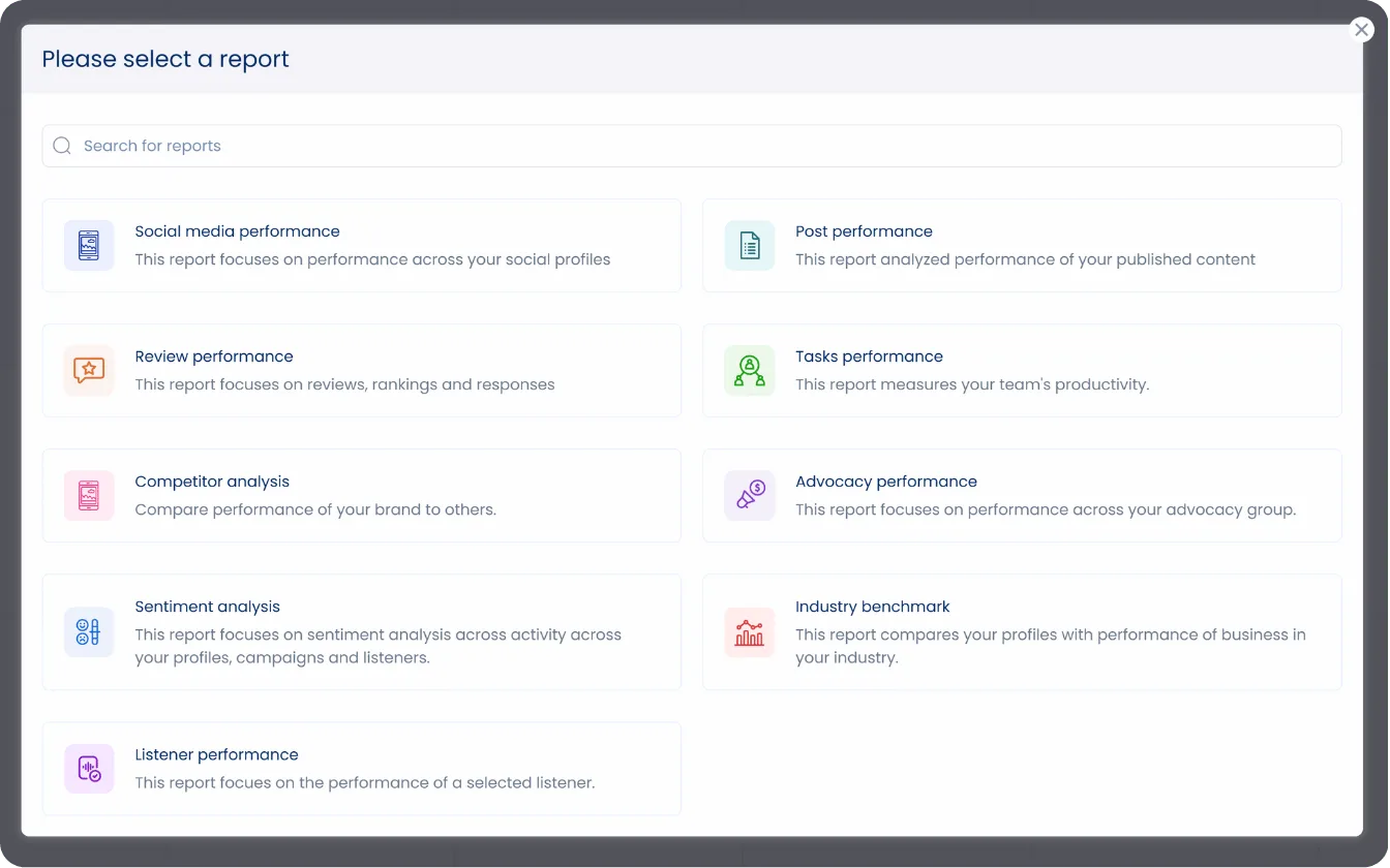 A screenshot showcasing the various reports available in Vista Social.