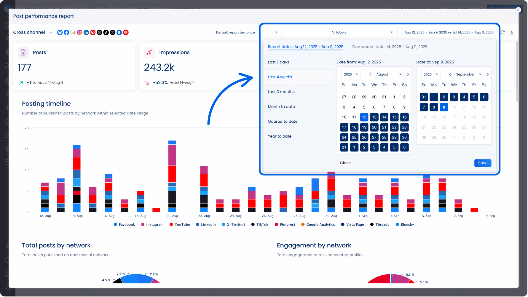 A screenshot from Vista Social's reports dashboard showcasing how to narrow down your time frame to get data from the exact time period you want.