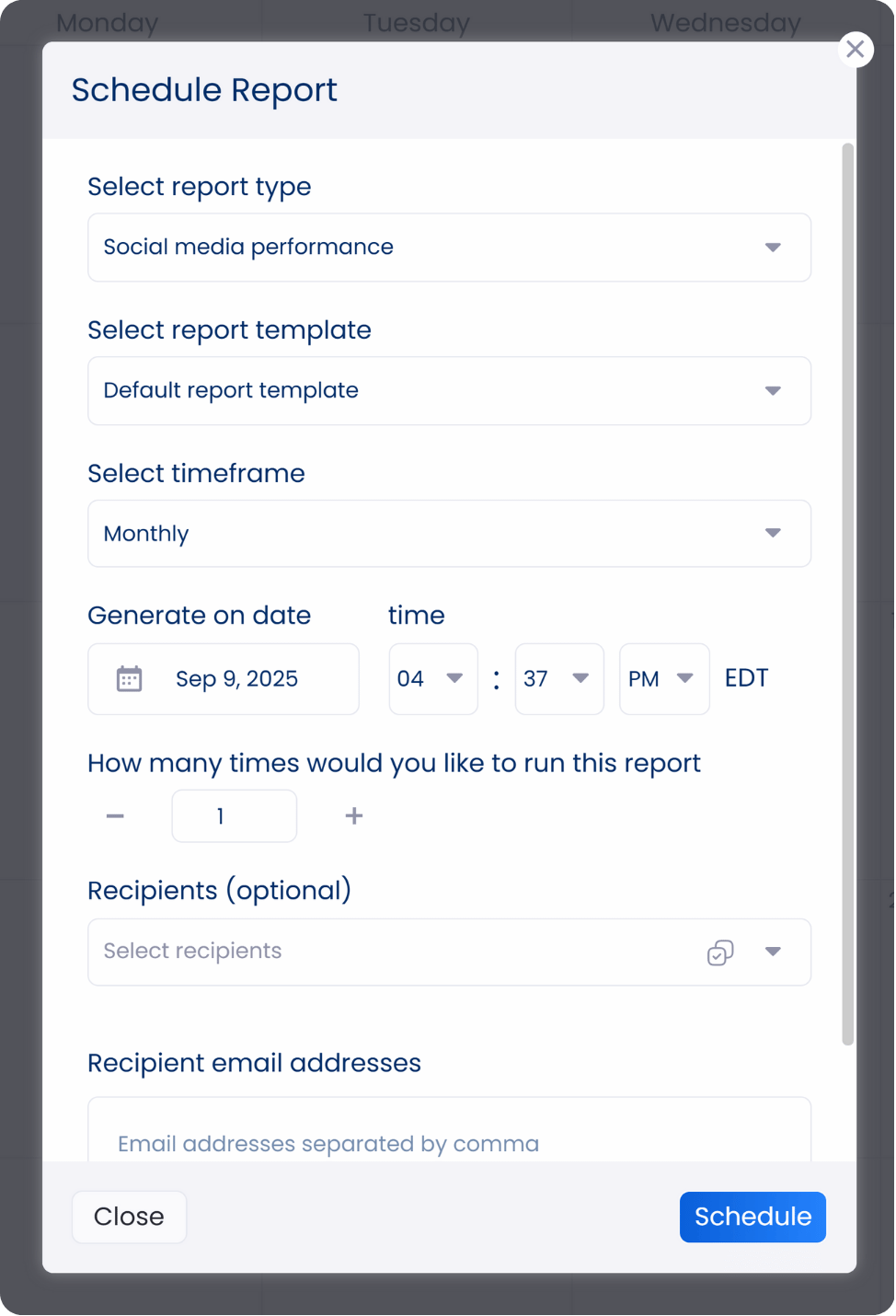 A screenshot showcasing how users can schedule a report in Vista Social.