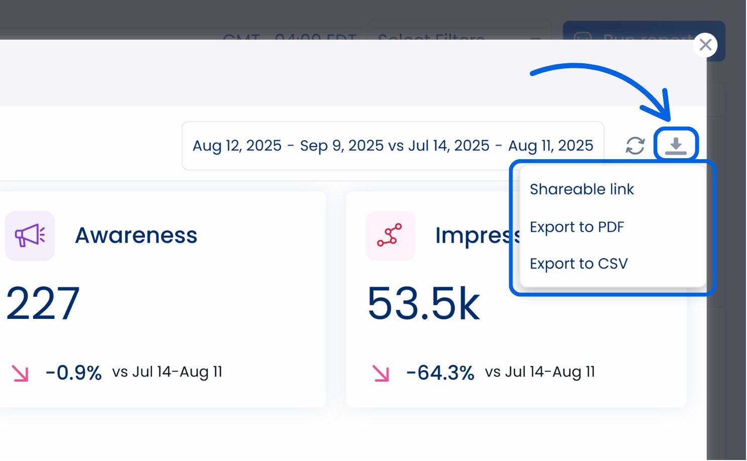 A screenshot showcasing where in Vista Social users can download or export reports.