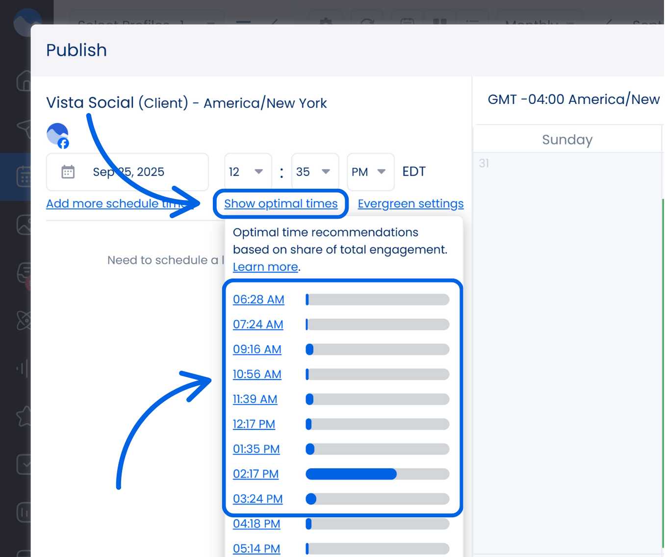 A screenshot showcasing optimal publishing times in Vista Social.