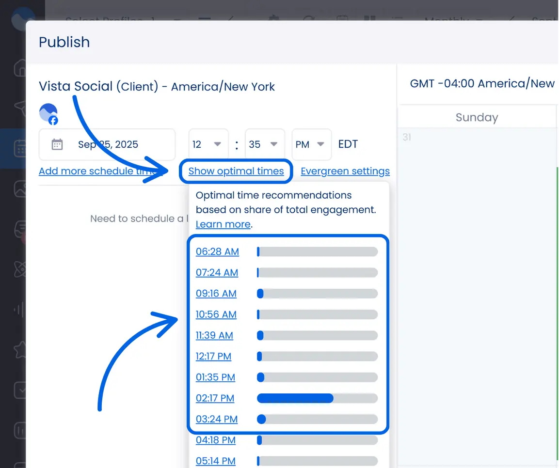 A screenshot showcasing optimal publishing times in Vista Social.