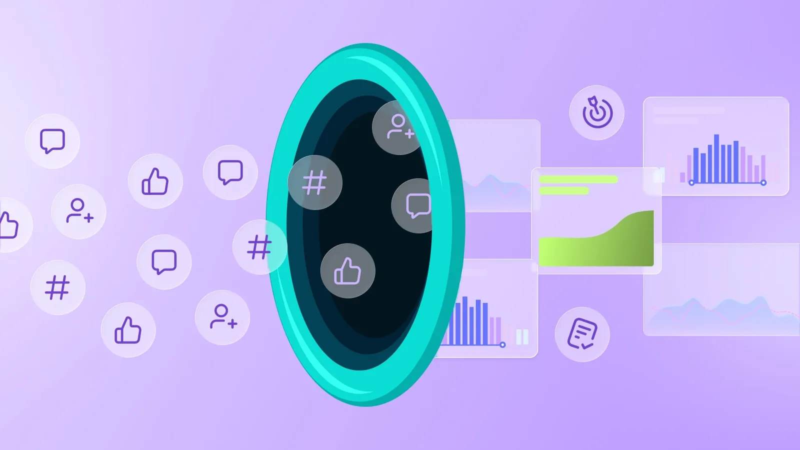 An illustration of marketing icons going into a funnel and being turned into insights.