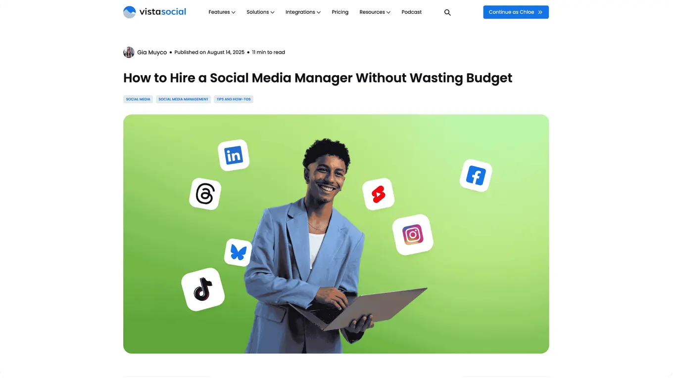 A screenshot of the Vista Social blog post page for How to Hire a Social Media Manager.
