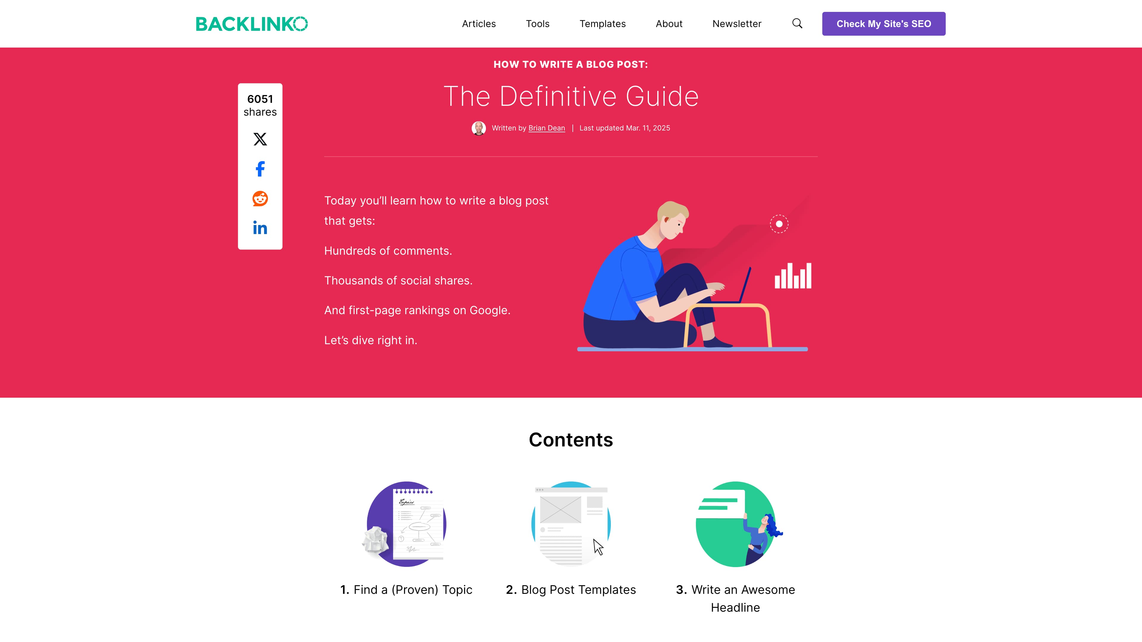 A screenshot of an example of evergreen content from Backlinko, an ultimate guide to writing a blog post.