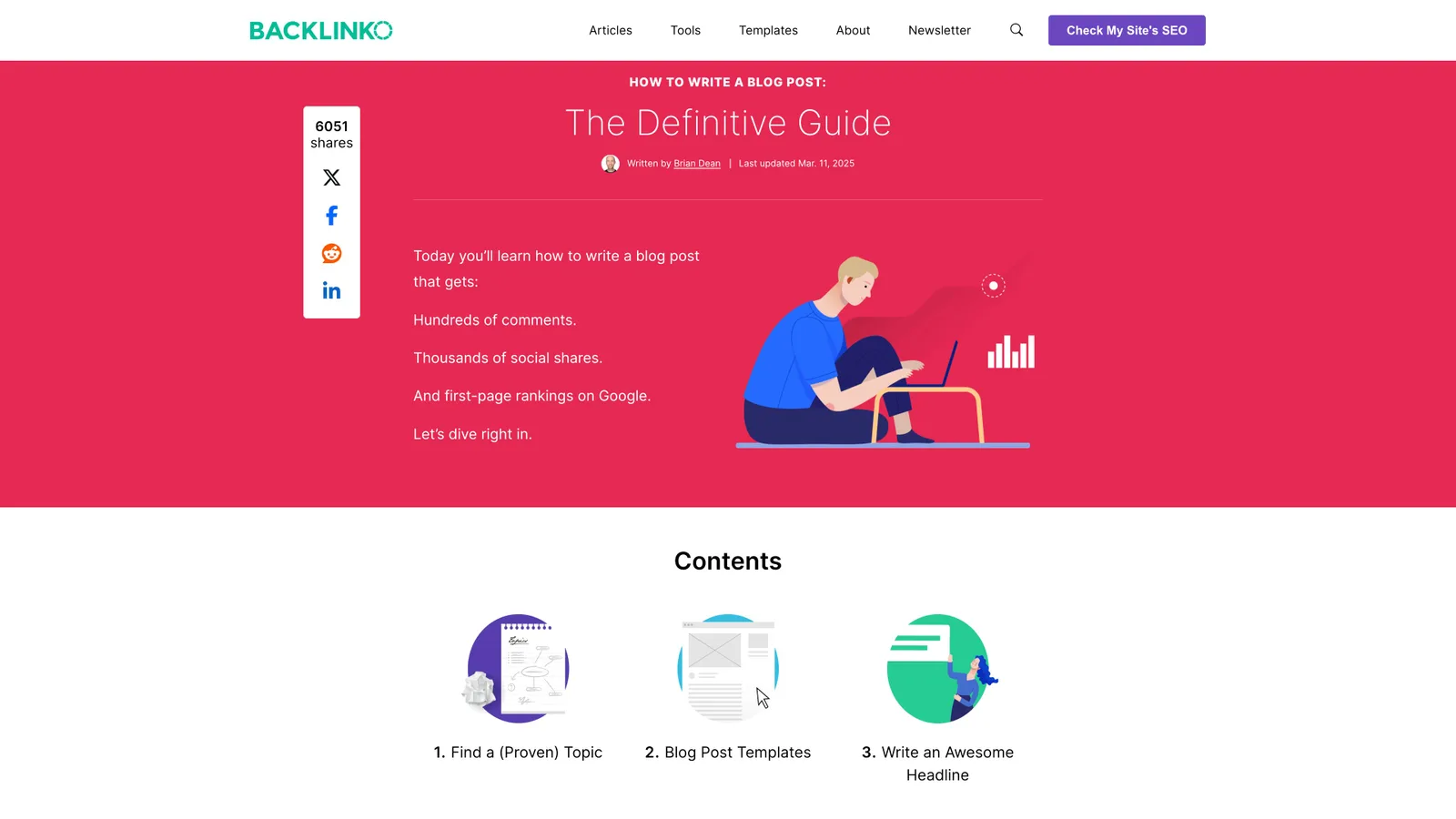 A screenshot of an example of evergreen content from Backlinko, an ultimate guide to writing a blog post.